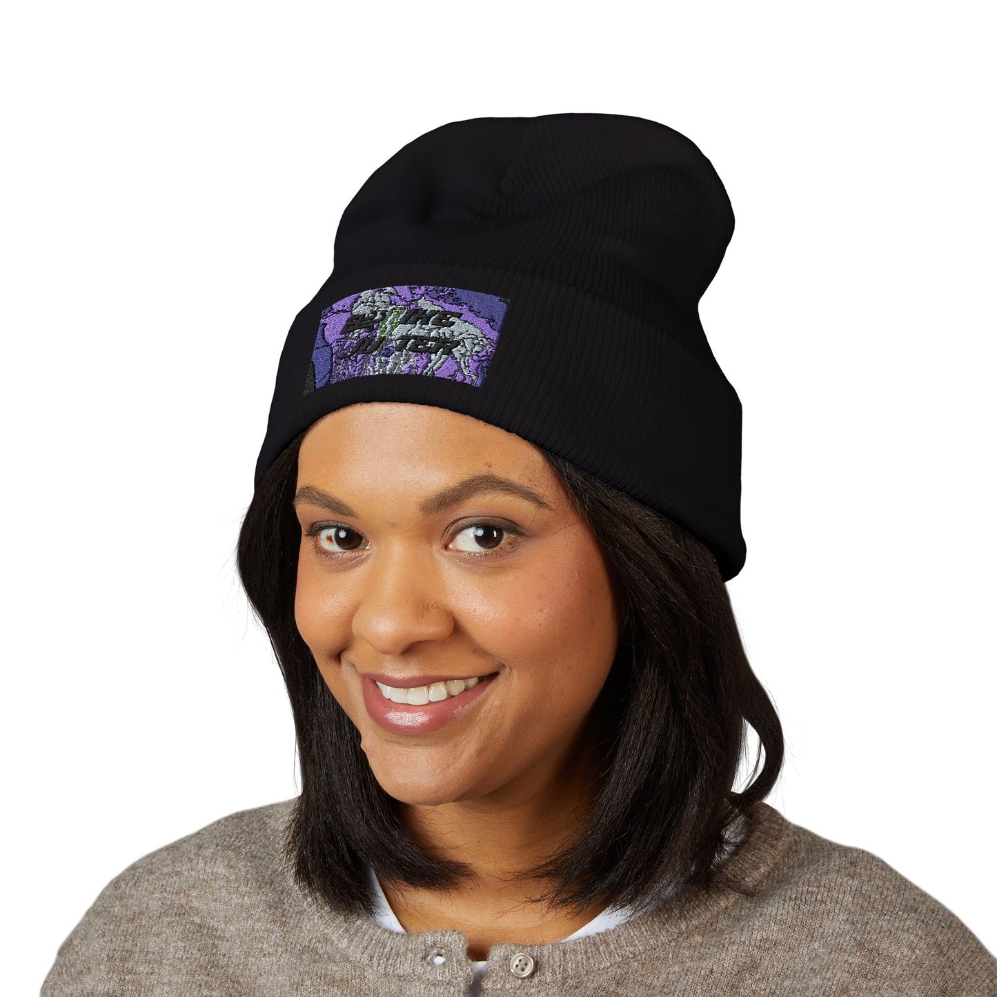 Embroidered Purple Floral Cuffed Beanie — Classic Knit Winter Hat