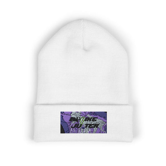 Embroidered Purple Floral Cuffed Beanie — Classic Knit Winter Hat