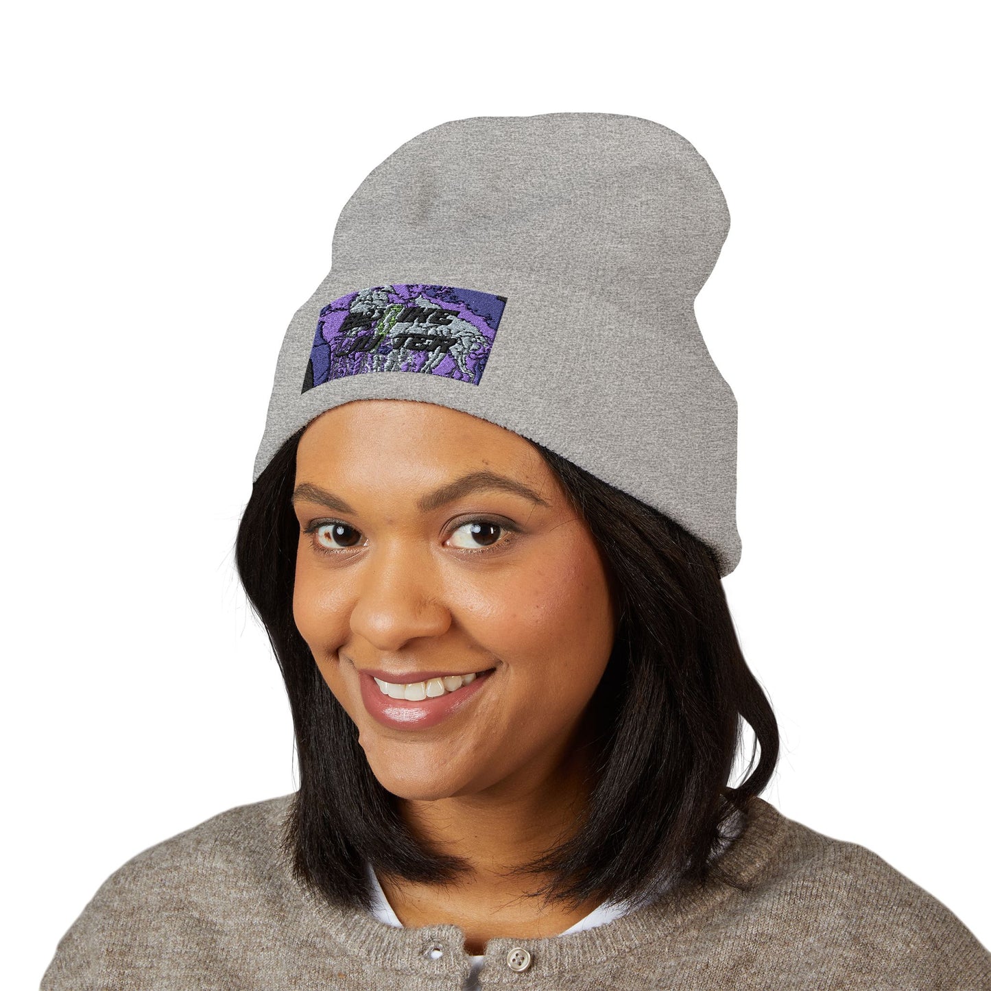 Embroidered Purple Floral Cuffed Beanie — Classic Knit Winter Hat